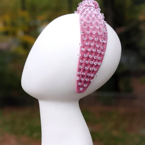 Mauve Pink Beaded Knotted Velvet Headband Crystal Clear Acrylic Beads Handmade main image 9